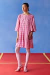 Buy_Uri by Mrunalini Rao_Pink Organic Fabric Plaid Checkered Round Cookie Short Dress  _at_Aza_Fashions