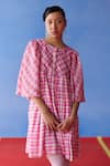 Uri by Mrunalini Rao_Pink Organic Fabric Plaid Checkered Round Cookie Short Dress  _Online_at_Aza_Fashions