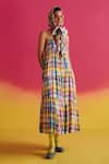 Buy_Uri by Mrunalini Rao_Green Organic Fabric Dupplin Checkered Azalea Tiered Maxi Dress  _at_Aza_Fashions