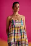 Shop_Uri by Mrunalini Rao_Green Organic Fabric Dupplin Checkered Azalea Tiered Maxi Dress  _Online_at_Aza_Fashions