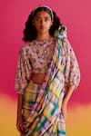 Buy_Uri by Mrunalini Rao_Blue Organic Fabric Round Peppermint Kimono Sleeve Blouse _at_Aza_Fashions