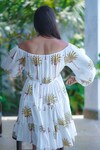 Shop_ALIAUM_White 100% Cotton Hand Block Print Palm Off Shoulder Tiered Dress_at_Aza_Fashions