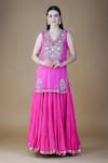 Buy_Nazar by Indu_Pink Cotton Embroidered Bead V Neck Kurta Lehenga Set _Online_at_Aza_Fashions