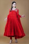 Buy_Nazar By Indu_Red Cotton Embroidery, Sequins Round Neck 36 Kali Tiered Anarkali Pant Set _at_Aza_Fashions