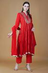 Buy_Nazar By Indu_Red Cotton Gota Patti, Sequins Mandarin Collar Work A Line Kurta Pant Set _at_Aza_Fashions