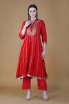 Shop_Nazar By Indu_Red Cotton Gota Patti, Sequins Mandarin Collar Work A Line Kurta Pant Set _Online_at_Aza_Fashions