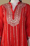 Nazar By Indu_Red Cotton Gota Patti, Sequins Mandarin Collar Work A Line Kurta Pant Set _at_Aza_Fashions