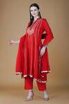 Buy_Nazar By Indu_Red Cotton Gota Patti, Sequins Mandarin Collar Work A Line Kurta Pant Set 