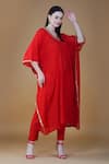 Nazar By Indu_Red Cotton Gota Patti V-neck Embroidered Kaftan And Pant Set _at_Aza_Fashions
