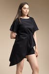 Shop_House of Manaa_Black 100% Cotton Plain Round Neck Asymmetric Wrap Top And Skort Set _Online_at_Aza_Fashions