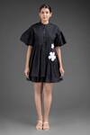 Buy_House of Manaa_Black 100% Cotton Placement Applique Floral Round Collar Gathered Dress _Online_at_Aza_Fashions