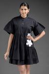 Shop_House of Manaa_Black 100% Cotton Placement Applique Floral Round Collar Gathered Dress _Online_at_Aza_Fashions