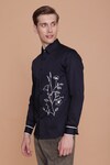 Lacquer Embassy_Blue Cotton Satin Embroidered Floral Josef Panel Shirt _Online_at_Aza_Fashions