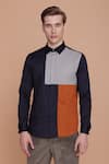 Buy_Lacquer Embassy_Blue Cotton Placement Chequered Taiga Color Block Shirt  _at_Aza_Fashions