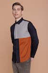 Lacquer Embassy_Blue Cotton Placement Chequered Taiga Color Block Shirt  _Online_at_Aza_Fashions