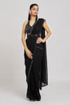 Buy_Nitisha Kashyap Official_Black Silk, Net, Georgette Embroidered Border Pre-draped Saree With Blouse _Online_at_Aza_Fashions
