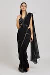 Shop_Nitisha Kashyap Official_Black Silk, Net, Georgette Embroidered Border Pre-draped Saree With Blouse _Online_at_Aza_Fashions