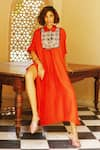 Shop_AVACARA_Orange Silk Embroidered Yoke Marodi Collared Neck Kaftan  _at_Aza_Fashions