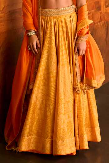 Punit Balana_Yellow Chanderi Silk, Organza Embroidery Kasundi Bandhani Print Lehenga Set _Online_at_Aza_Fashions