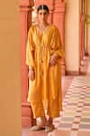 Buy_PUNIT BALANA_Yellow Satin Silk Print Bandhani V Neck Kaftan With Pant  _at_Aza_Fashions