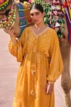 Shop_PUNIT BALANA_Yellow Satin Silk Print Bandhani V Neck Kaftan With Pant  _Online_at_Aza_Fashions