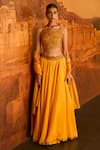 Shop_PUNIT BALANA_Yellow Chanderi Silk Embroidery Flora And Fauna Blouse Lehenga Set For Women_at_Aza_Fashions