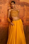 Shop_PUNIT BALANA_Yellow Chanderi Silk Embroidery Resham Scoop Flora And Fauna Blouse Lehenga Set _Online_at_Aza_Fashions