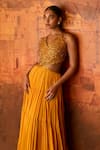 PUNIT BALANA_Yellow Satin Silk Embroidery Resham V Neck And Coin Maxi Dress  _Online_at_Aza_Fashions