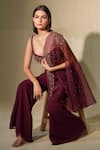 Shop_Tamaraa By Tahani_Purple Georgette Embroidered Crystal Laila Embellished Cape Flared Pant Set _at_Aza_Fashions