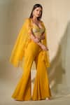 Tamaraa By Tahani_Yellow Georgette Embroidered Crystal Sweetheart Nargis Cape Flared Pant Set _Online_at_Aza_Fashions