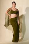 Buy_Tamaraa By Tahani_Green Georgette Embroidered Crystal Organza Scallop Cape Draped Dhoti Skirt Set_at_Aza_Fashions