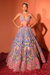 Buy_Rajbinder Chahal_Blue Dupion Silk Embroidered Mirror Floral Bridal Lehenga Set _at_Aza_Fashions