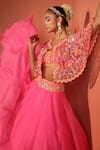 Rajbinder Chahal_Pink Cape And Lehenga Organza Embroidered Mirror Cape Thread Set _Online_at_Aza_Fashions