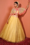 Buy_Rajbinder Chahal_Yellow Cape And Lehenga Organza Embroidered Thread & Applique Set _at_Aza_Fashions