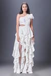 Deepika Arora_White Ponte Roma Embellished Applique One Shoulder Cascade Ruffle Dress _Online_at_Aza_Fashions