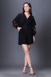 Buy_Deepika Arora_Black Ponte Roma Embellished Applique V-neck Sleeve Playsuit _at_Aza_Fashions