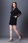 Deepika Arora_Black Ponte Roma Embellished Applique V-neck Sleeve Playsuit _Online_at_Aza_Fashions