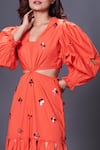 Shop_Deepika Arora_Orange 100% Cotton Embellished Applique V-neck Cut-out Dress _Online_at_Aza_Fashions