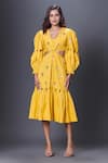 Buy_Deepika Arora_Yellow Cotton Embroidery, Sequins V-neck Hand Midi Dress _at_Aza_Fashions