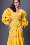 Deepika Arora_Yellow Cotton Embroidery, Sequins V-neck Hand Midi Dress _Online_at_Aza_Fashions