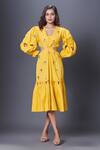 Buy_Deepika Arora_Yellow Cotton Embroidery, Sequins V-neck Hand Midi Dress _Online_at_Aza_Fashions
