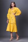 Shop_Deepika Arora_Yellow Cotton Embroidery, Sequins V-neck Hand Midi Dress _Online_at_Aza_Fashions