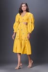 Deepika Arora_Yellow Cotton Embroidery, Sequins V-neck Hand Midi Dress _at_Aza_Fashions