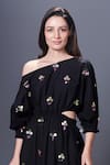 Deepika Arora_Black 100% Cotton Hand Embroidered Floral One Shoulder Dress _Online_at_Aza_Fashions