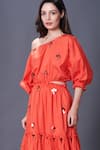 Buy_Deepika Arora_Orange 100% Cotton Hand Embroidered Floral One Shoulder Side Cutout Dress _Online_at_Aza_Fashions