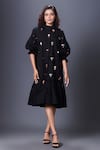 Deepika Arora_Black Cotton Sequins Collared, Mandarin Puff Sleeve Hand Embroidered Dress _Online_at_Aza_Fashions