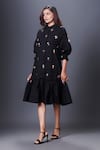 Buy_Deepika Arora_Black Cotton Sequins Collared, Mandarin Puff Sleeve Hand Embroidered Dress _Online_at_Aza_Fashions