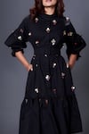 Shop_Deepika Arora_Black Cotton Sequins Collared, Mandarin Puff Sleeve Hand Embroidered Dress _Online_at_Aza_Fashions