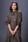 Buy_Deepika Arora_Green 100% Cotton Hand Embroidered Floral Chinese Collar Puff Sleeve Dress _Online_at_Aza_Fashions