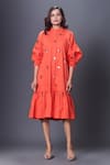 Buy_Deepika Arora_Orange 100% Cotton Hand Embroidered Floral Chinese Collar Puff Sleeve Dress _at_Aza_Fashions